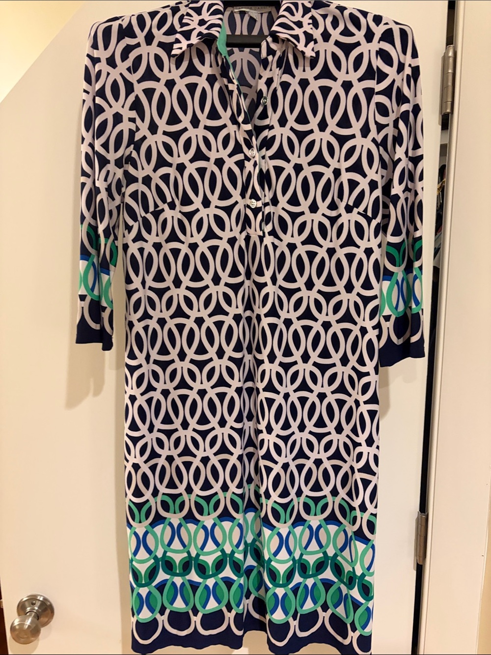 Sandra Darren Navy and White Geometric Midi Dress with Green Accents
